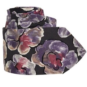 Halston Vintage Men's Silk Necktie USA Designer‎ Bold Floral Print Black Purple